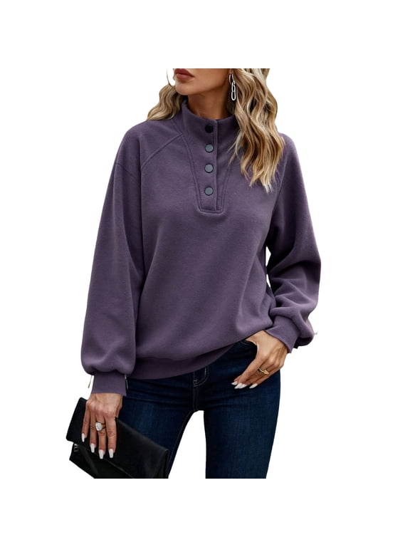 Women's Mock Neck Sweatshirt, Solid Long Sleeve Pullover with Snap Button Front and Raglan Detail
