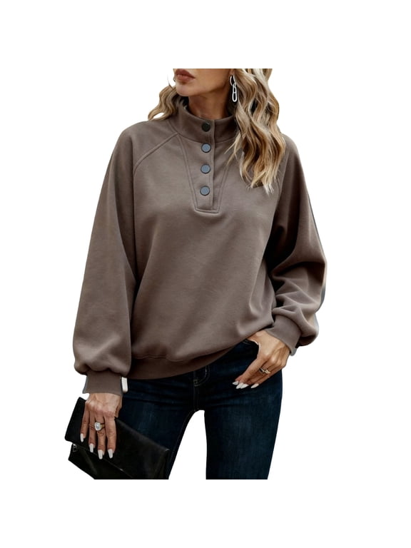 Women's Mock Neck Sweatshirt, Solid Long Sleeve Pullover with Snap Button Front and Raglan Detail
