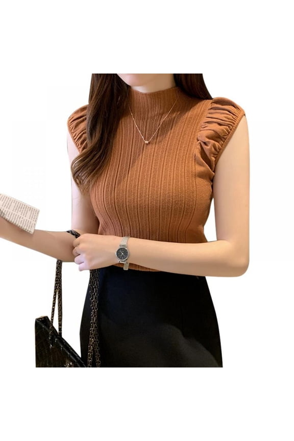 Women's Mock Neck Tank Tops Solid Half Turtleneck Slim Fit Ribbed Knit Sleeveless T-Shirt Basic Blouse Tops,Khaki