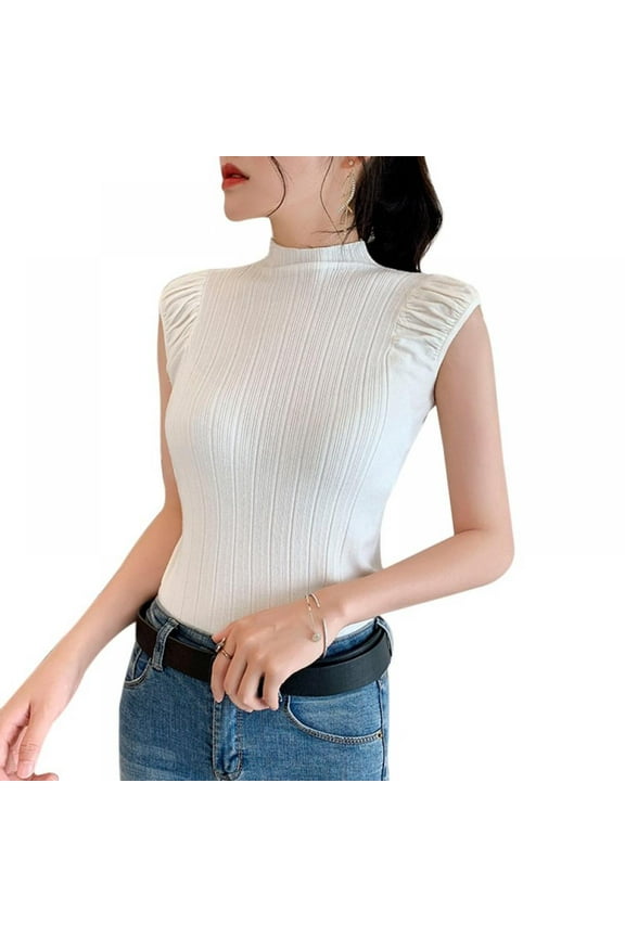 Women's Mock Neck Tank Tops Solid Half Turtleneck Slim Fit Ribbed Knit Sleeveless T-Shirt Basic Blouse Tops,White