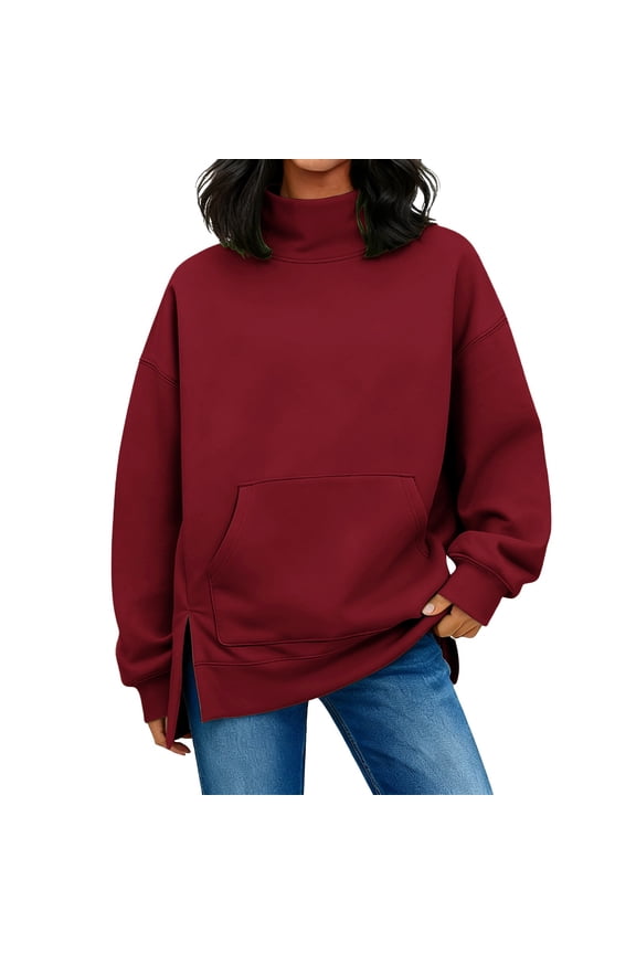 Women's Mock Neck Tunic Sweatshirt, Side Slit Hem Long Sleeve Pullover, Mid-Length Casual Top, Solid Color High Neck Blouse, Comfortable Stretch Knit Tunic for Women Red XL