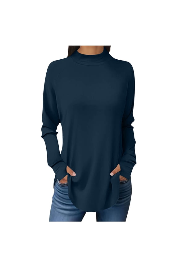 Women's Mock Neck Tunic Tops with Thumb Holes Long Sleeve Solid Color T-shirts Spring Fall Base Pullovers (2XL, Navy)