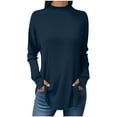 thumbnail image 1 of Women's Mock Neck Tunic Tops with Thumb Holes Long Sleeve Solid Color T-shirts Spring Fall Base Pullovers (XL, Navy), 1 of 8
