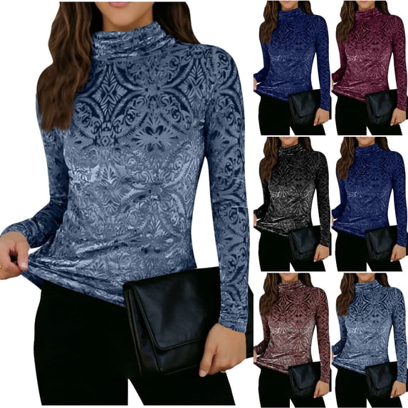 Women's Mock Neck Velvet Top Long Sleeve Printed Slim-Fit Base Layer Solid Casual Spring & Autumn Blouse,XL,Wine