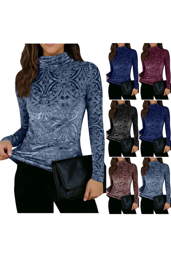 Women's Mock Neck Velvet Top Long Sleeve Printed Slim-Fit Base Layer Solid Casual Spring & Autumn Blouse,XL,Wine