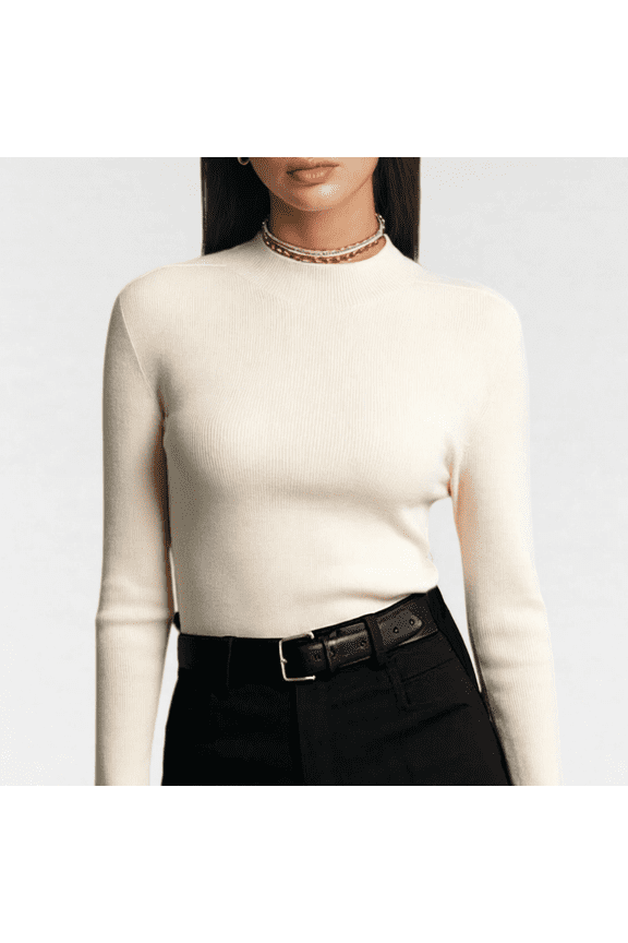 Women's Mock Neck Wool Sweater Fall Basic Soft Long Sleeve Knitted Pullover Sweaters Slim Fit Layering Tops by DingJoo Beige M