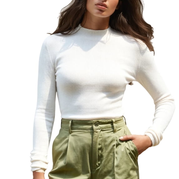 Women's Mock Neck Wool Sweater Fall Basic Soft Long Sleeve Knitted Pullover Sweaters Slim Fit Layering Tops by DingJoo white L