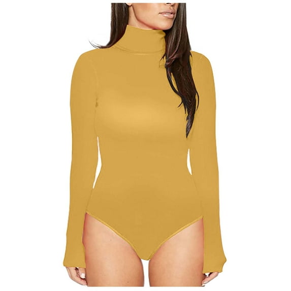 Women's Mock Turtle Neck Long Sleeve Slim Fit Tops Bodysuit Jumpsuit Solid Stretchy Basic Leotard T Shirts Womens Clothes