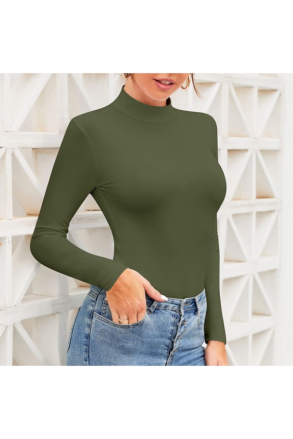 Women's Mock Turtle Neck Long Sleeve Top Stretchy Rayon Spandex Blend Layering Base Layer Tee Shirt for Everyday Comfort Fit Green L