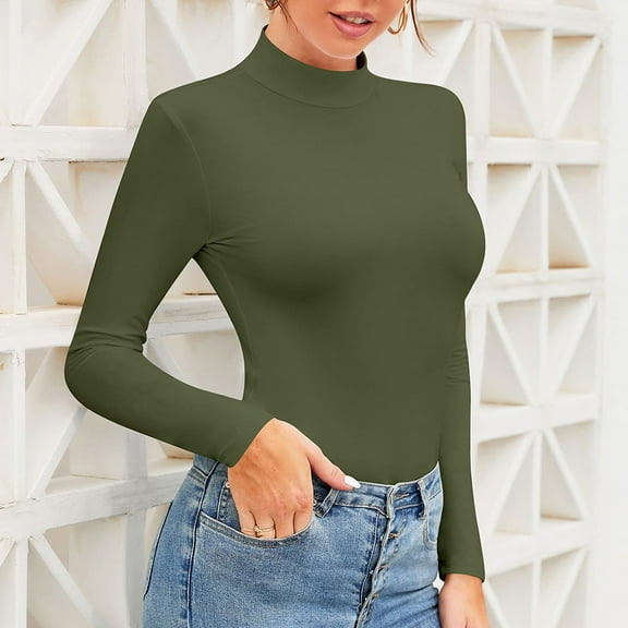 Women's Mock Turtle Neck Long Sleeve Top Stretchy Rayon Spandex Blend Layering Base Layer Tee Shirt for Everyday Comfort Fit Green S