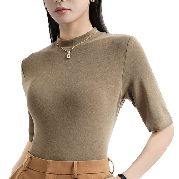 Women's Turtle Neck Slim Fit Half Elbow Short 3/4 Sleeve T Shirts Tight Tops Tee