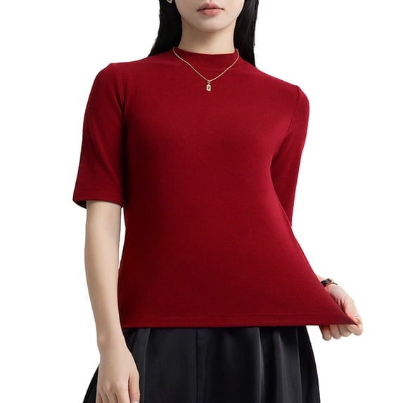 Women's Turtle Neck Slim Fit Half Elbow Short 3/4 Sleeve T Shirts Tight Tops Tee