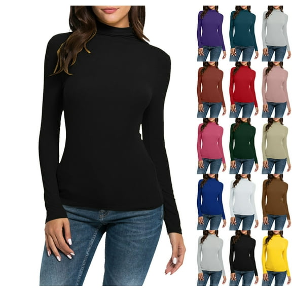 Women's Mock Turtle Neck Slim Fit Long Sleeve Shirts Fall Fashion Tight Tops Basic Tee Winter Undershirt Black L