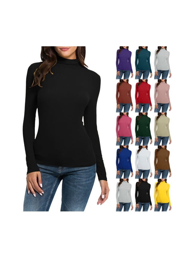 Women's Mock Turtle Neck Slim Fit Long Sleeve Shirts Fall Fashion Tight Tops Basic Tee Winter Undershirt Black L