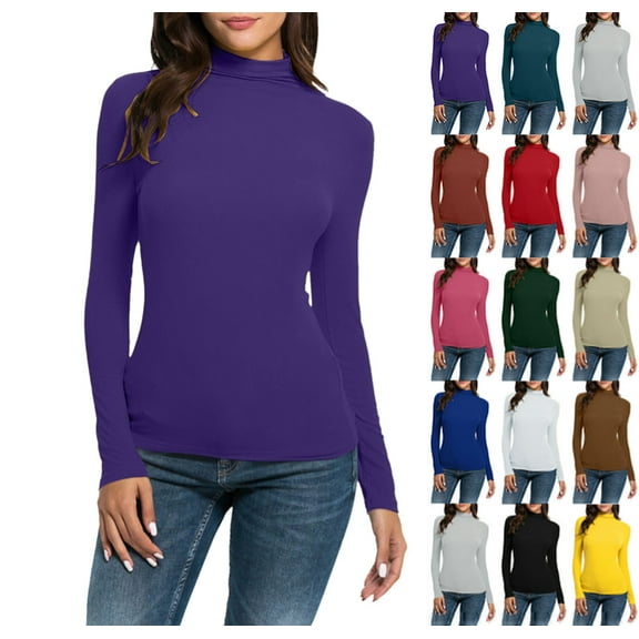 Women's Mock Turtle Neck Slim Fit Long Sleeve Shirts Fall Fashion Tight Tops Basic Tee Winter Undershirt Purple L