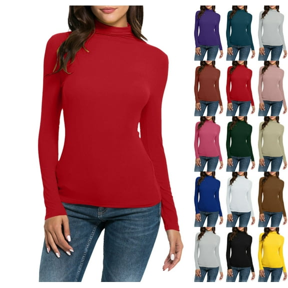 Women's Mock Turtle Neck Slim Fit Long Sleeve Shirts Fall Fashion Tight Tops Basic Tee Winter Undershirt Red L