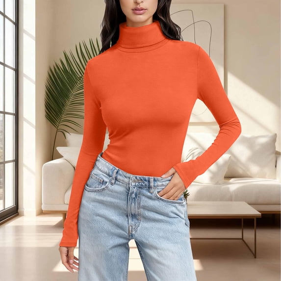 Women's Mock Turtle Neck Tops Winter Undershirt Slim Fitted Tops Lightweight Pullover Tees Thermal Underwear Tops Soft Base Layer Active Layer Shirts Thermal Layering Tops Long Sleeve Shirts Orange M