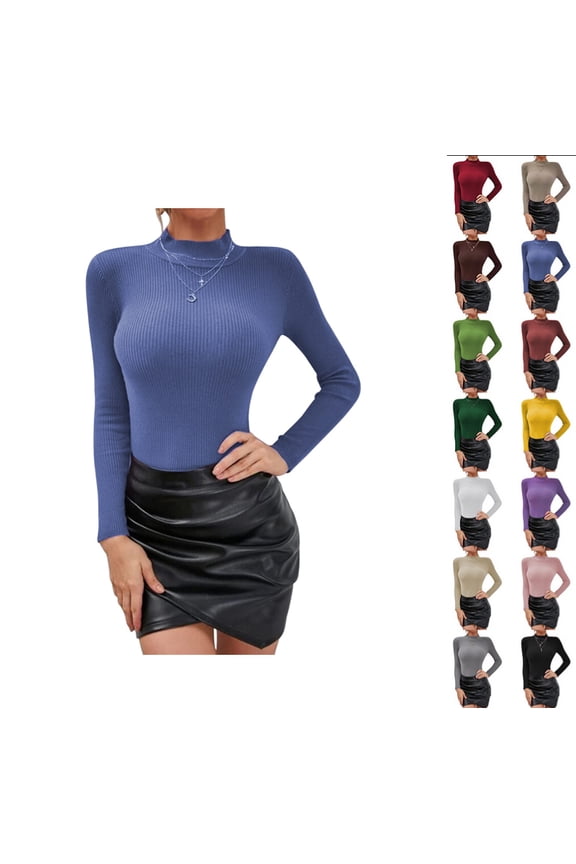 Women's Mock Turtleneck Long Sleeve Shirts Ribbed Knit Lightweight Pullover Sweater Stretch Fitted Thermal Top Blue L