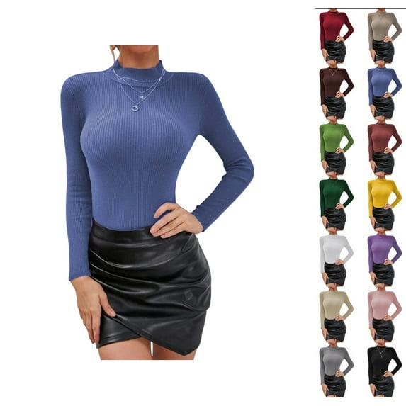 Women's Mock Turtleneck Long Sleeve Shirts Ribbed Knit Lightweight Pullover Sweater Stretch Fitted Thermal Top Blue M