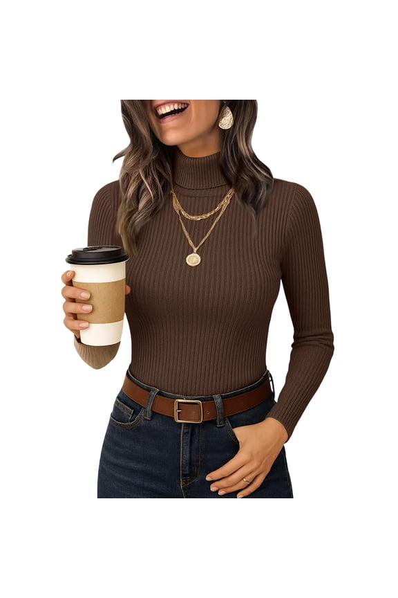 Women's Mock Turtleneck Long Sleeve Shirts Ribbed Knit Lightweight Pullover Sweater Stretch Fitted Thermal Top Coffee M