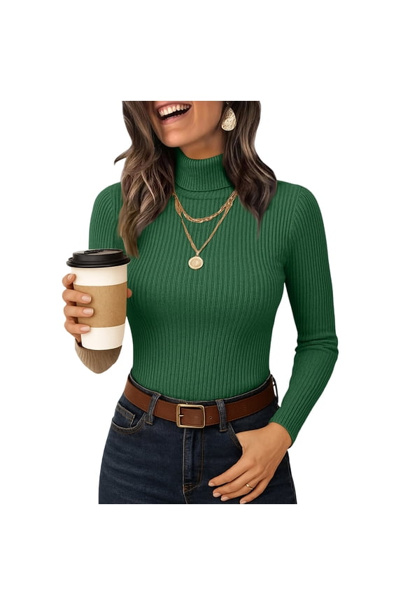 Women's Mock Turtleneck Long Sleeve Shirts Ribbed Knit Lightweight Pullover Sweater Stretch Fitted Thermal Top Dark Green S