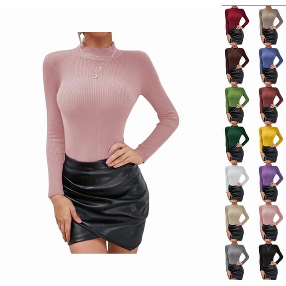 Women's Mock Turtleneck Long Sleeve Shirts Ribbed Knit Lightweight Pullover Sweater Stretch Fitted Thermal Top Pink L