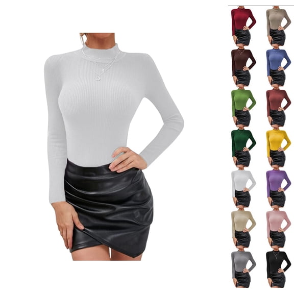 Women's Mock Turtleneck Long Sleeve Shirts Ribbed Knit Lightweight Pullover Sweater Stretch Fitted Thermal Top White L