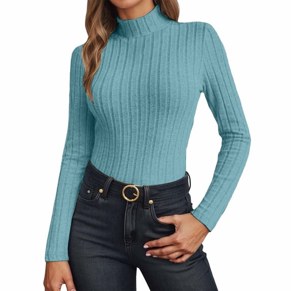 Women's Turtleneck Long Sleeve Shirts Ribbed Knit Lightweight Pullover Sweater Stretch Slim Basic Casual Thermal Tee Tops