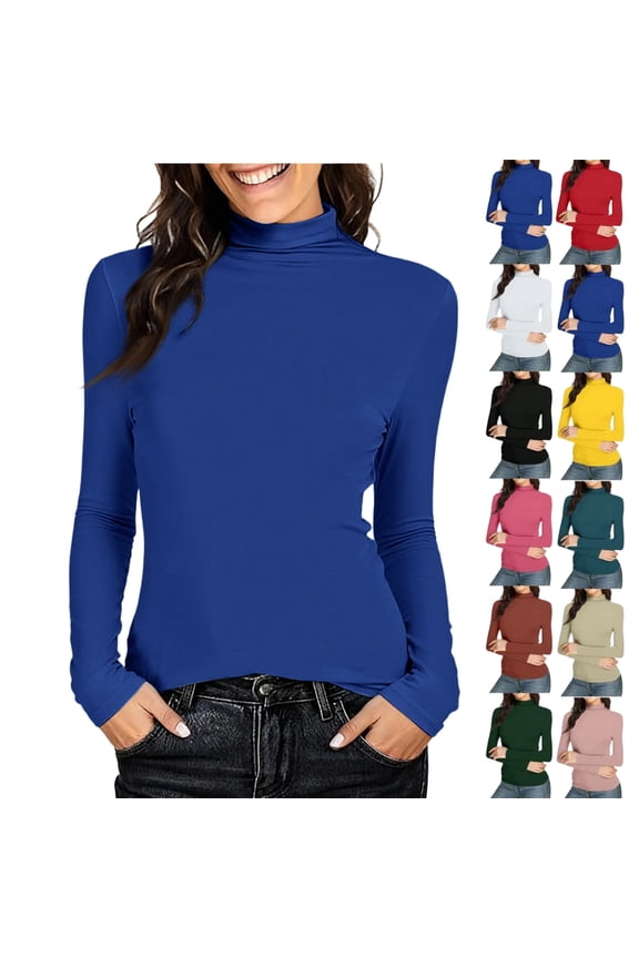 Women's Mock Turtleneck Shirts Long Sleeve Pullover Tops Stretch Cotton Basic Layering Loose Fit Undershirt Tee,Blue XXL