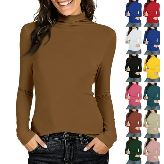 Women's Mock Turtleneck Shirts Long Sleeve Pullover Tops Stretch Cotton Basic Layering Loose Fit Undershirt Tee（Brown，S）