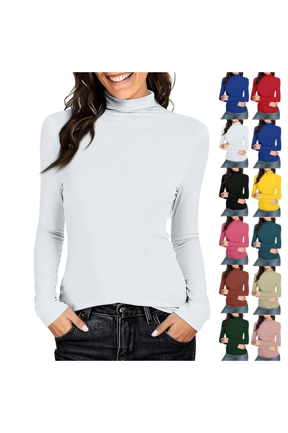 Women's Mock Turtleneck Shirts Long Sleeve Pullover Tops Stretch Cotton Basic Layering Loose Fit Undershirt Tee(White,M)