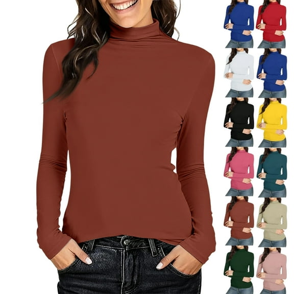 Women's Mock Turtleneck Shirts Long Sleeve Pullover Tops Stretch Cotton Basic Layering Loose Fit Undershirt Tee(Wine,L)