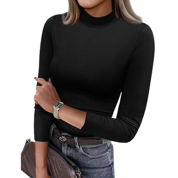 Women's Mock Turtleneck Slim Fit 3/4 Sleeve T Shirts Basic Tight Tops Tee Business Casual Blouse Plain Comfy Shirt Black XL