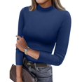 thumbnail image 1 of Women's Mock Turtleneck Slim Fit 3/4 Sleeve T Shirts Basic Tight Tops Tee Business Casual Blouse Plain Comfy Shirt Dark Blue 2XL, 1 of 4