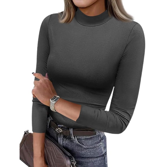 Women's Mock Turtleneck Slim Fit 3/4 Sleeve T Shirts Basic Tight Tops Tee Business Casual Blouse Plain Comfy Shirt Dark Gray XL