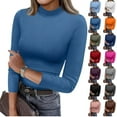 thumbnail image 1 of Women's Mock Turtleneck Slim Fit Top Three-Quarter Sleeve Lightweight Stretchy Pullover Basic Casual Tops for Work to Weekend，Blue M, 1 of 5