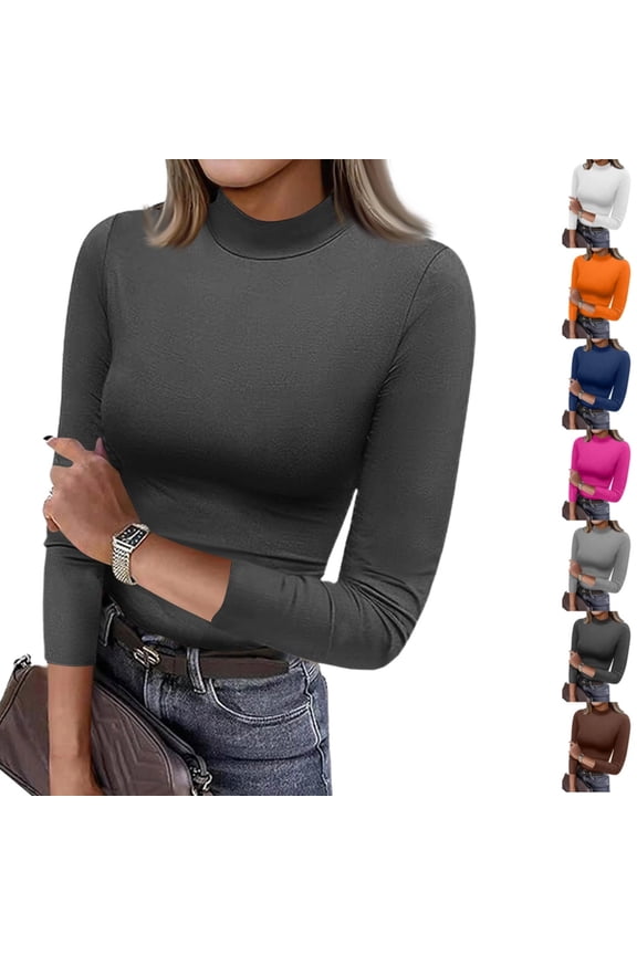 Women's Mock Turtleneck Slim Fit Top Three-Quarter Sleeve Lightweight Stretchy Pullover Basic Casual Tops for Work to Weekend，Dark Gray S