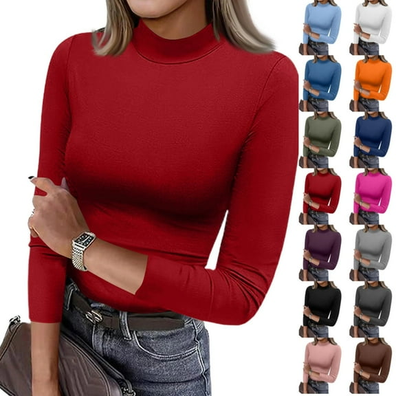 Women's Mock Turtleneck Slim Fit Top Three-Quarter Sleeve Lightweight Stretchy Pullover Basic Casual Tops for Work to Weekend，Red M