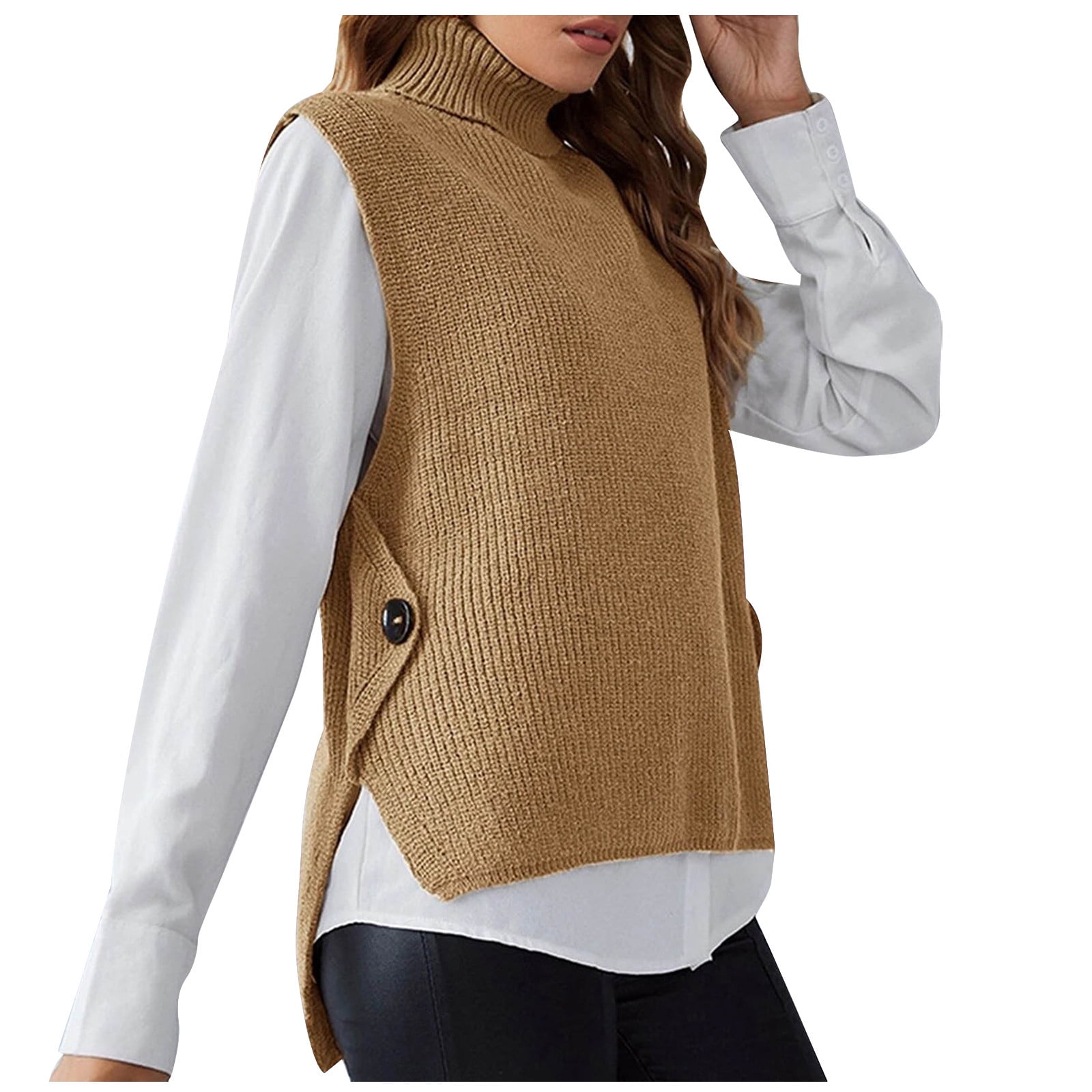 Women's Mock Turtleneck Sweater Vest Sleeveless Loose High Low