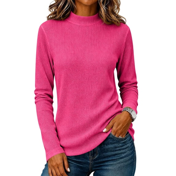 Women's Mock Turtleneck Waffle Sweater Long Sleeve Lightweight Fall Clothes, M