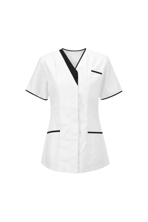 Women's Mock Wrap Scrub Tunic V-Neck Short Sleeve Scrubs Tops Nursing Uniform Performance 4-Way Stretch Quick Dry Workwear 3 Pockets for Esthetician & Nurse