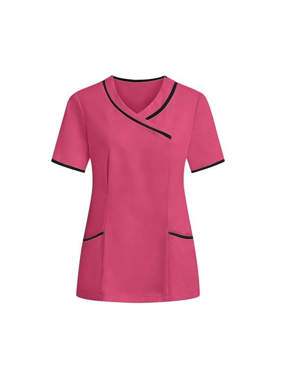 Women's Mock Wrap V-Neck Scrub Top with 2 Pockets Plus Size Short Sleeve Stretchy Nurse Uniform Tee Shirts