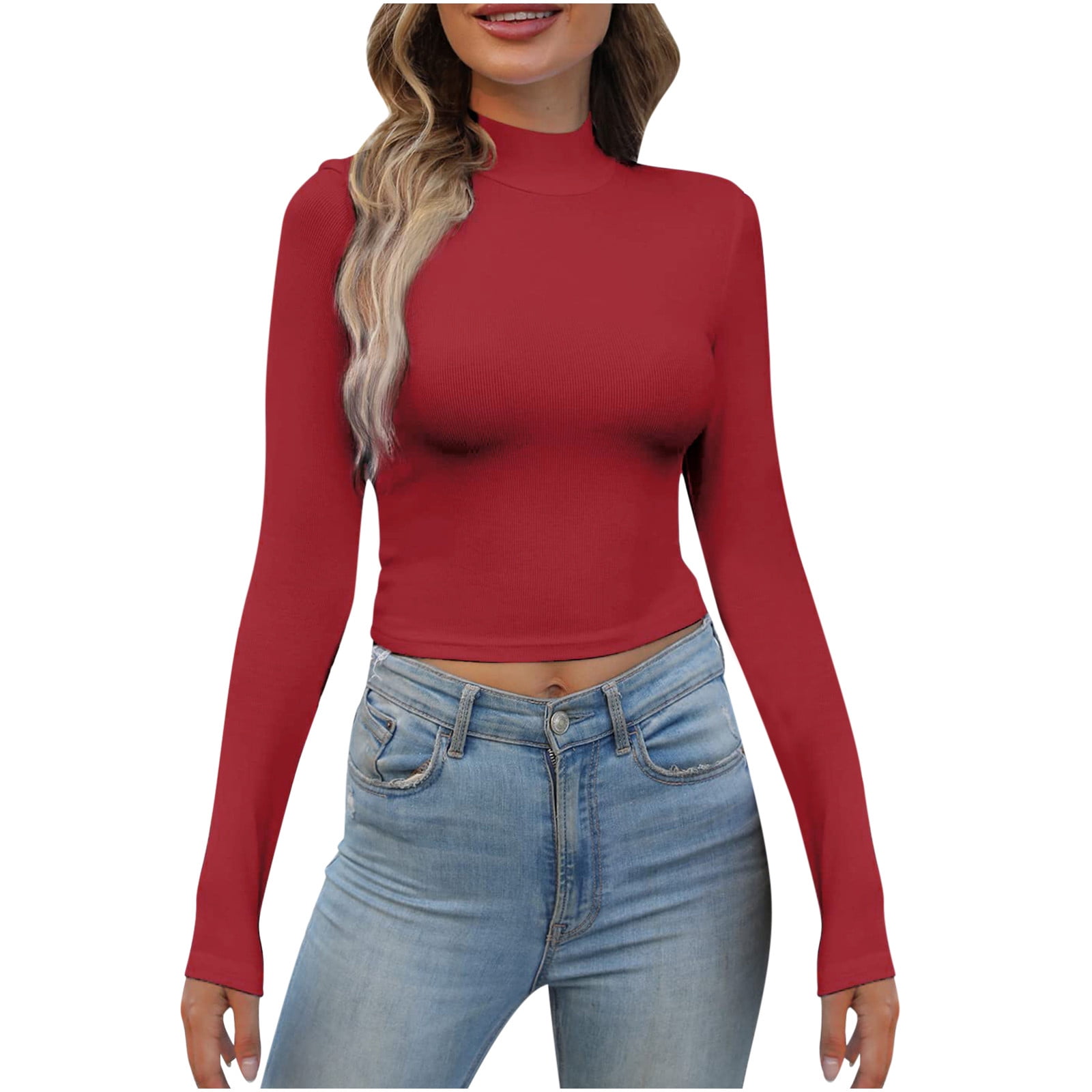 Women's Mockneck Rib Knitted Tops Stretch Solid Long Sleeve T Shirts Slim  Fitted Casual Pullovers Basic Tee Ladies Clothes