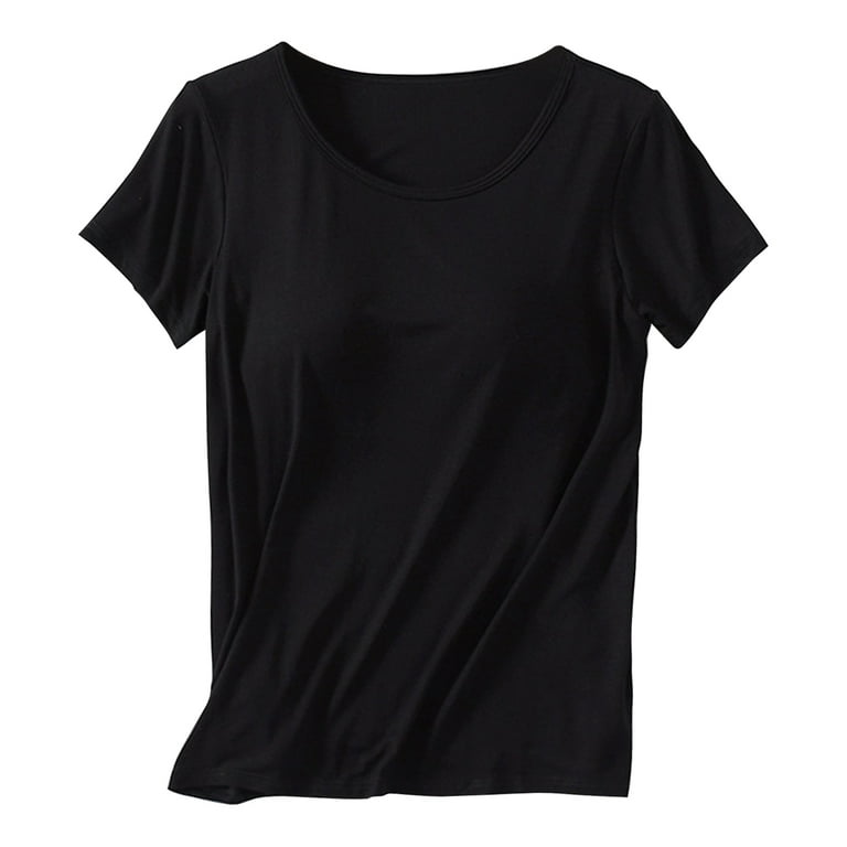 Flenwgo Women's Built-in Bra Yoga Sport Shirt T-Shirt,Short Sleeve Tops  Casual T-Shirt Sleepwear Black US 0-2 at  Women's Clothing store
