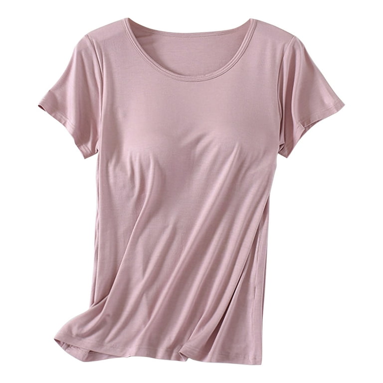 2023 Women's Tshirts Shorts Sleeve Tops with Built In Bra Neck Vest Padded  Slim Tank Tops Sexy Shirts Feminino Tees Girl Clothes