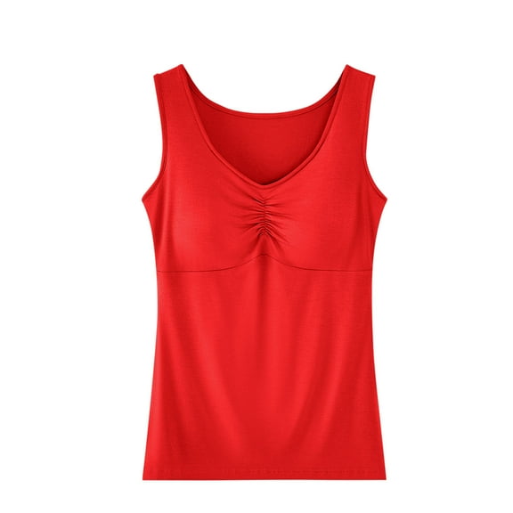 Women's Modal Cotton Tank Top with Shelf Bra, Sleeveless V Neck Soft Pamajas Top with Built in Bra for Women (Free Size, Red)