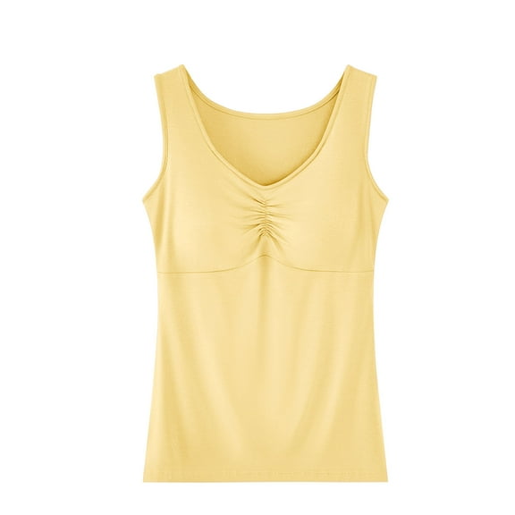Women's Modal Cotton Tank Top with Shelf Bra, Sleeveless V Neck Soft Pamajas Top with Built in Bra for Women (Free Size, Yellow)