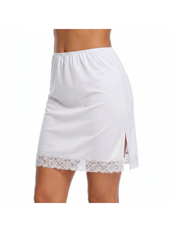 Women's Modal Half Slip Skirt, Lace Trim Underskirt with Side Slit, Silky Anti-Static Anti-Transparent Short Half Slip for Under Dresses
