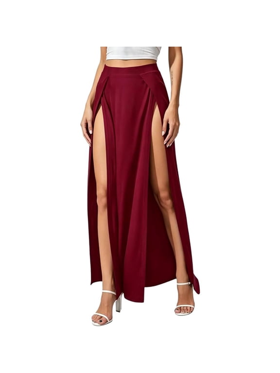 Women's Modal High Waist Maxi Skirt Solid Color Double High Slit A-Line Long Skirt Sexy Irregular Hem Party Evening Skirt