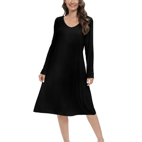 Women's Modal Nightgown with Built in Bra Long Sleeve Crewneck Super Soft Sleepwear Nightshirt with Chest Pads Solid Color Nightdress Mid-Length Pajamas Dress Loungewear S-2XL